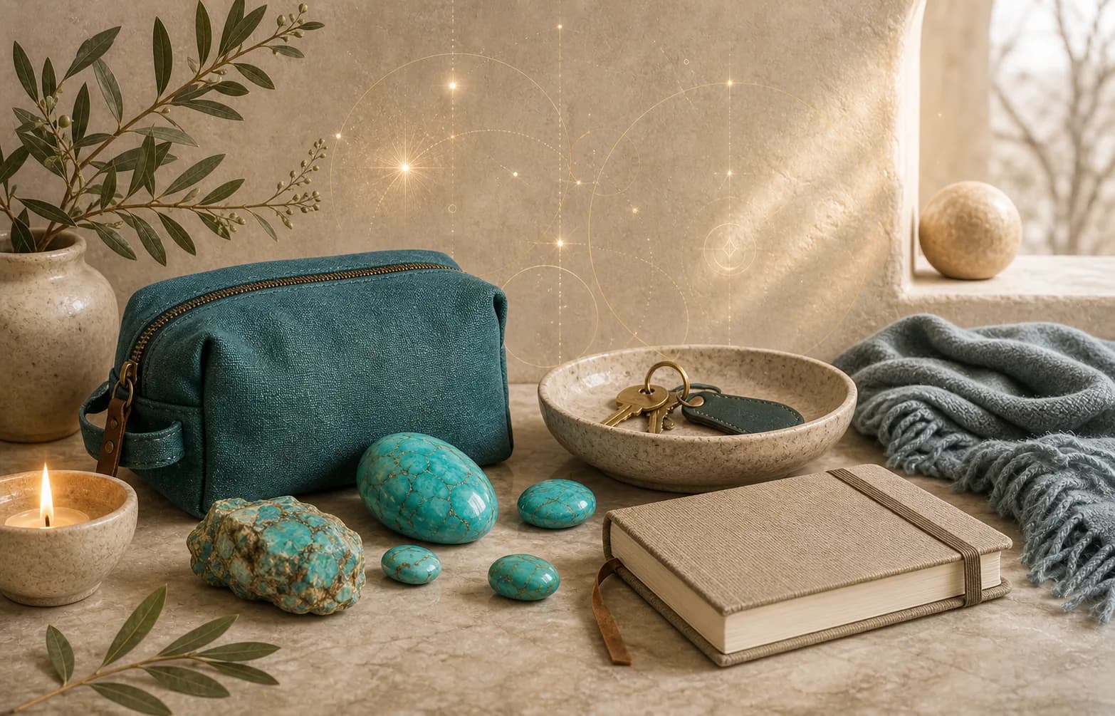 A December turquoise threshold gift scene with a blue-green pouch, entryway bowl with keys, a blank journal, and a winter scarf.