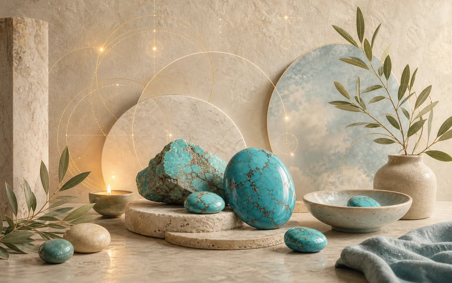 Blue-green turquoise stones with natural matrix veining on layered stone discs with olive branches and soft winter light.