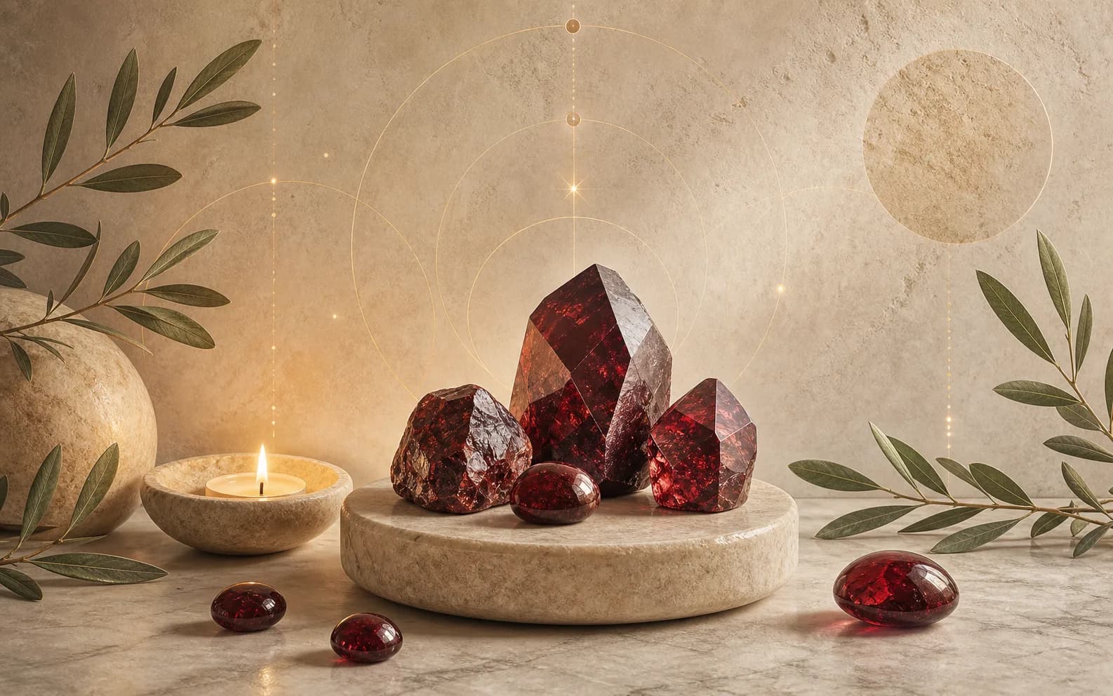 Deep red garnet crystals and polished stones on a warm stone pedestal with olive branches and candlelight.