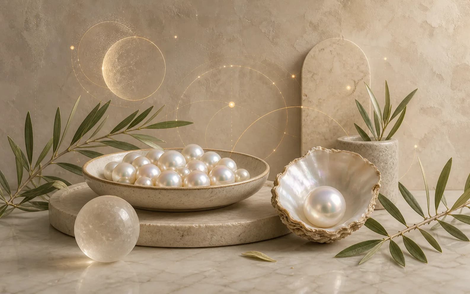 Iridescent pearls in a shallow ceramic bowl and an open shell with warm stone, olive leaves, and gold linework.