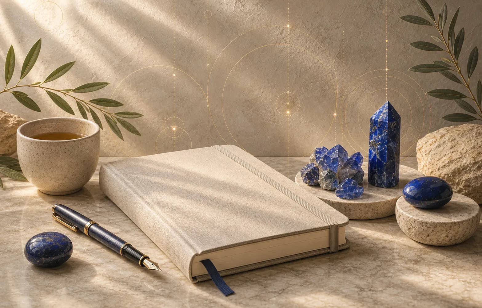 A sapphire study desk with a deep blue stone, a closed blank planner, a fountain pen, and soft morning light.