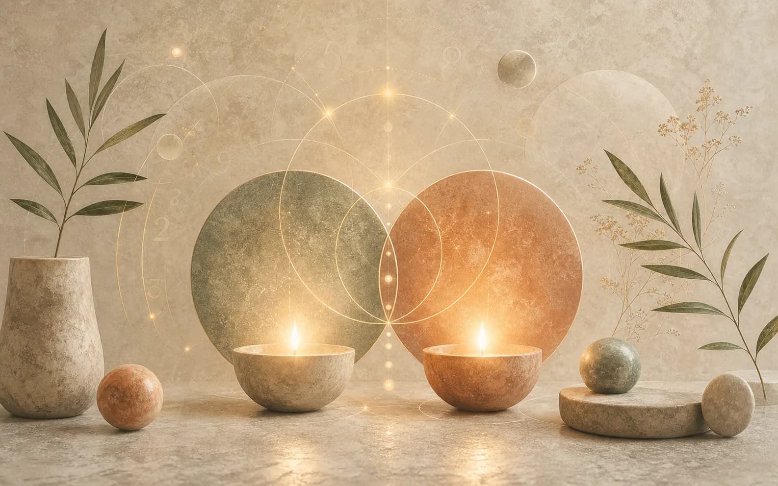 Balance and harmony represented by symmetrical stones and soft numerology lines
