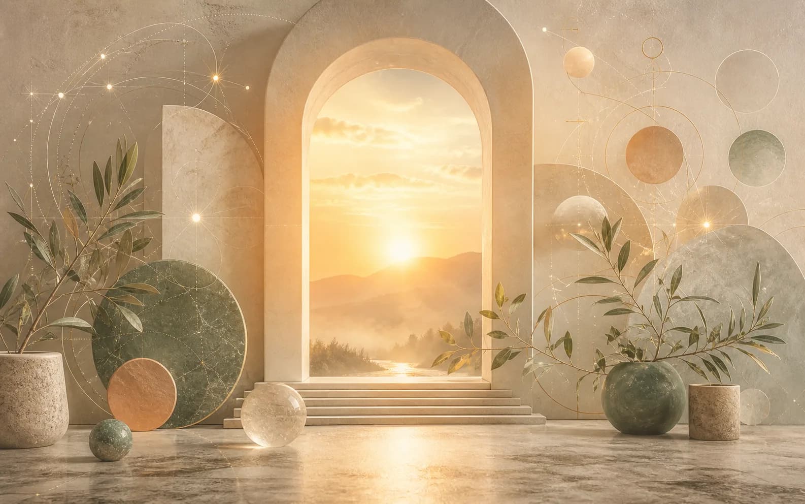 Calm meditation inspired visual with balanced shapes and warm light