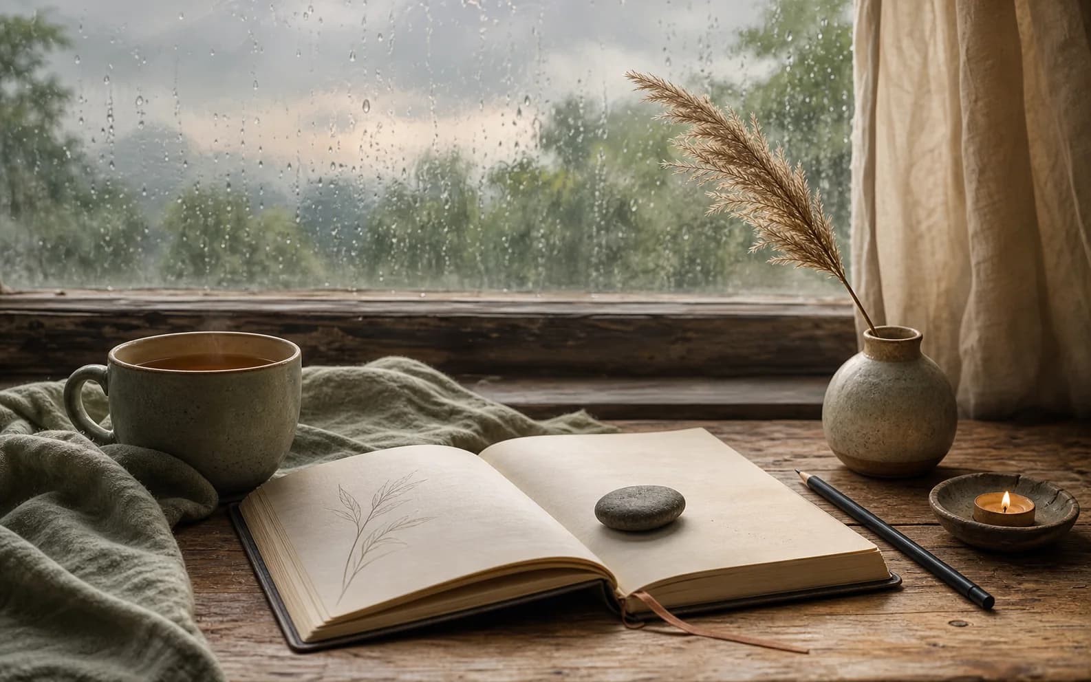 Rainy window still life with journal, tea, stone, and quiet discernment symbolism