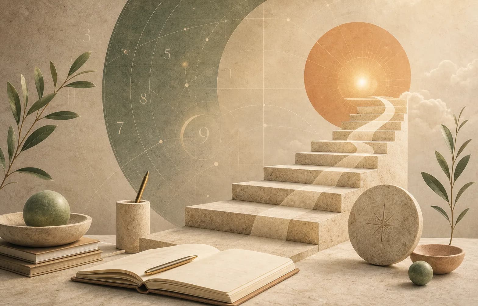Protective spiritual symbolism with a calm arch and grounded earth tones