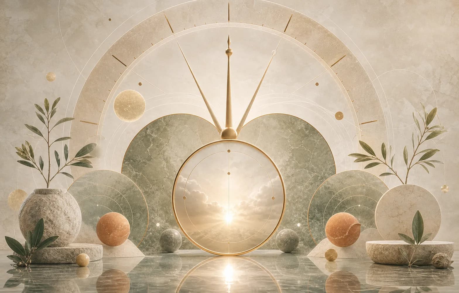 Clock and mirror hour symbolism with soft sage and terracotta accents