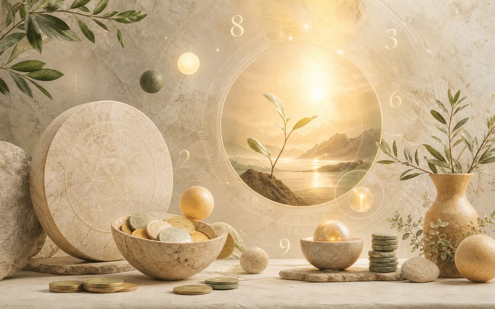 Abundance themed still life with coins, leaves, and gentle number motifs