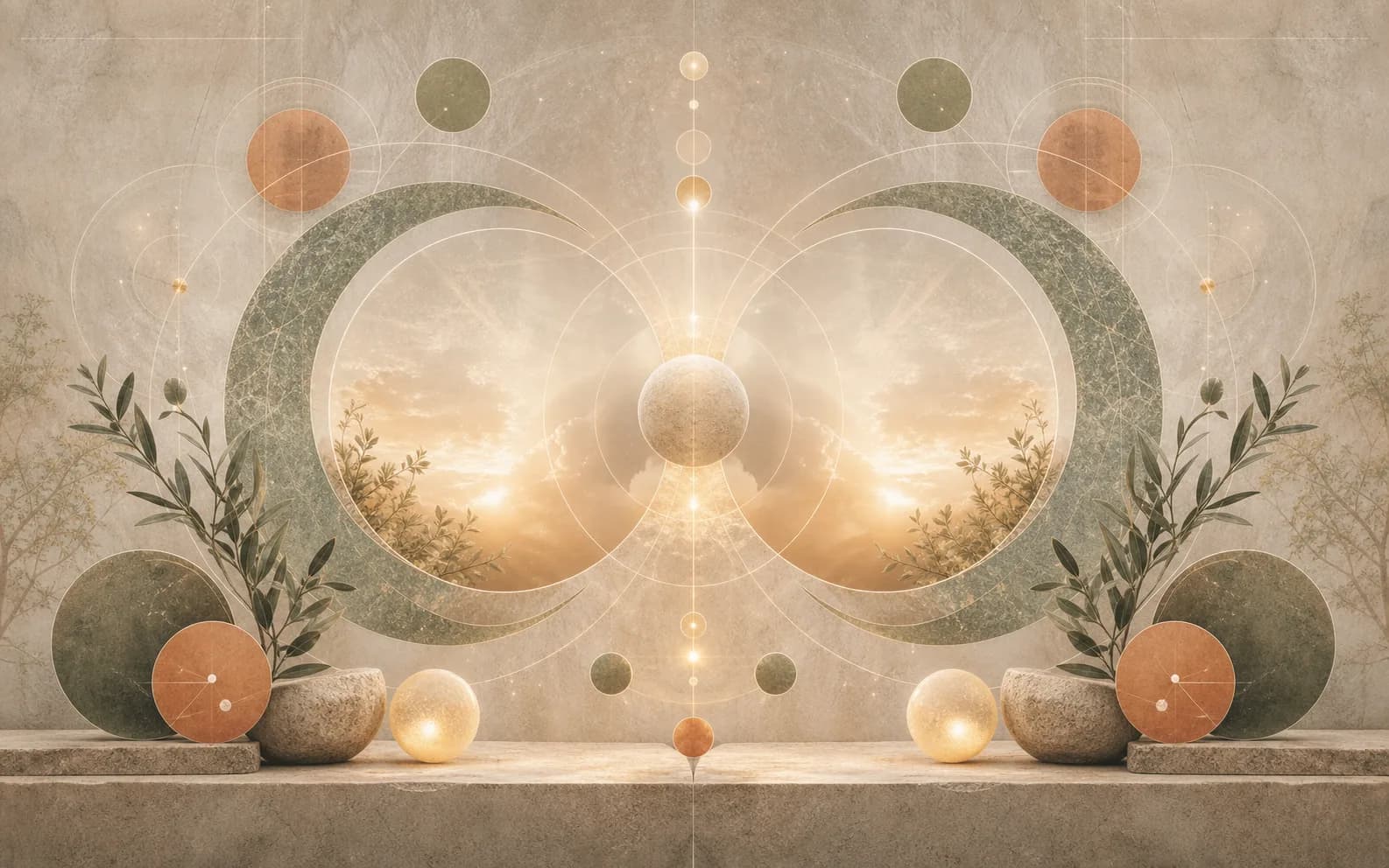 Twin flame inspired abstract lights mirrored across a calm neutral background