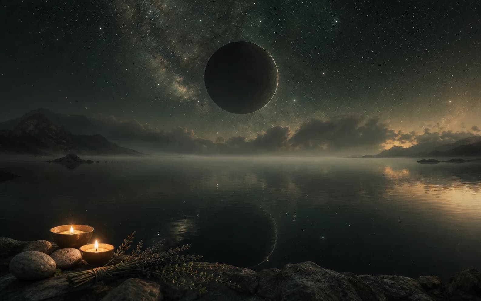 A dark new moon above quiet water with soft green and amber celestial light