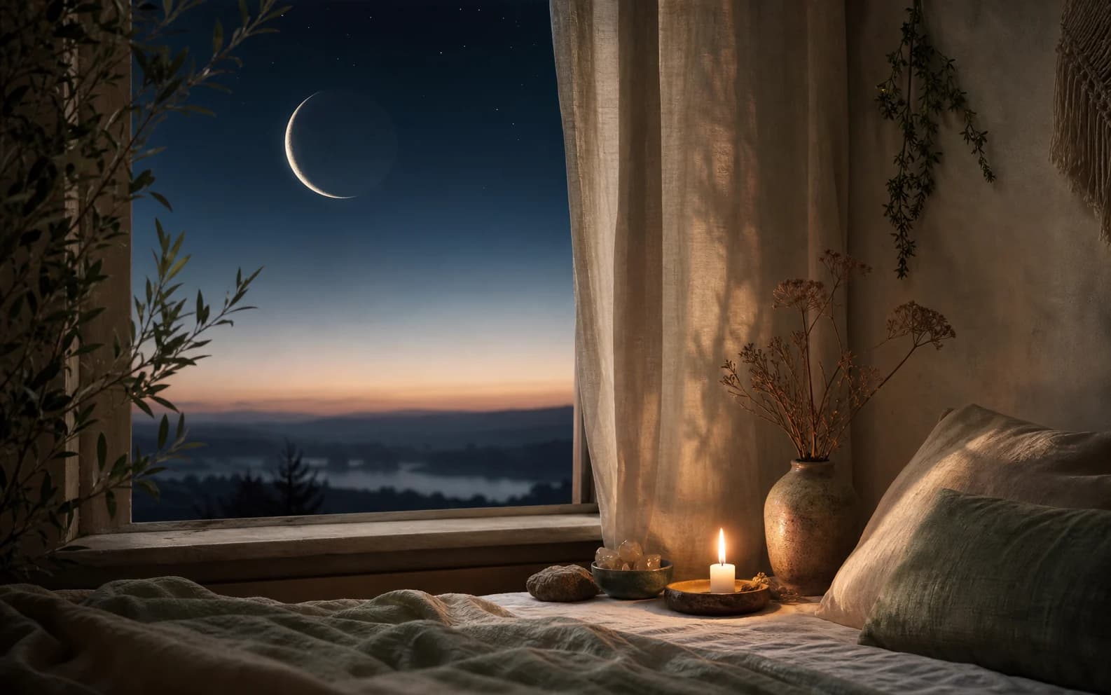 A thin waning crescent moon above a quiet bedroom window and soft linen shadows